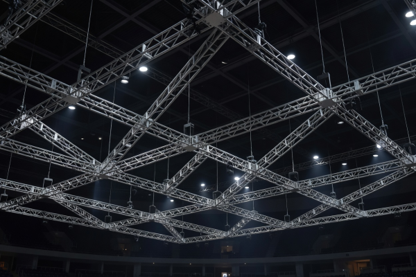 Aluminum stage rigging trusses suspended in an arena ceiling