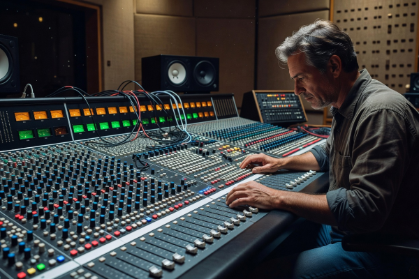 Audio engineer operating live mixing console during stadium event