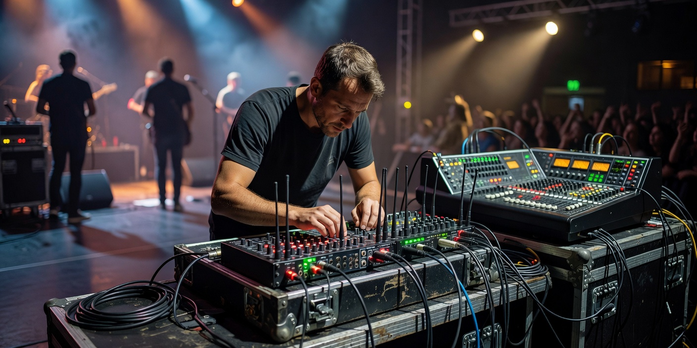 Audio mixing engineer tweaking live wireless receivers at event