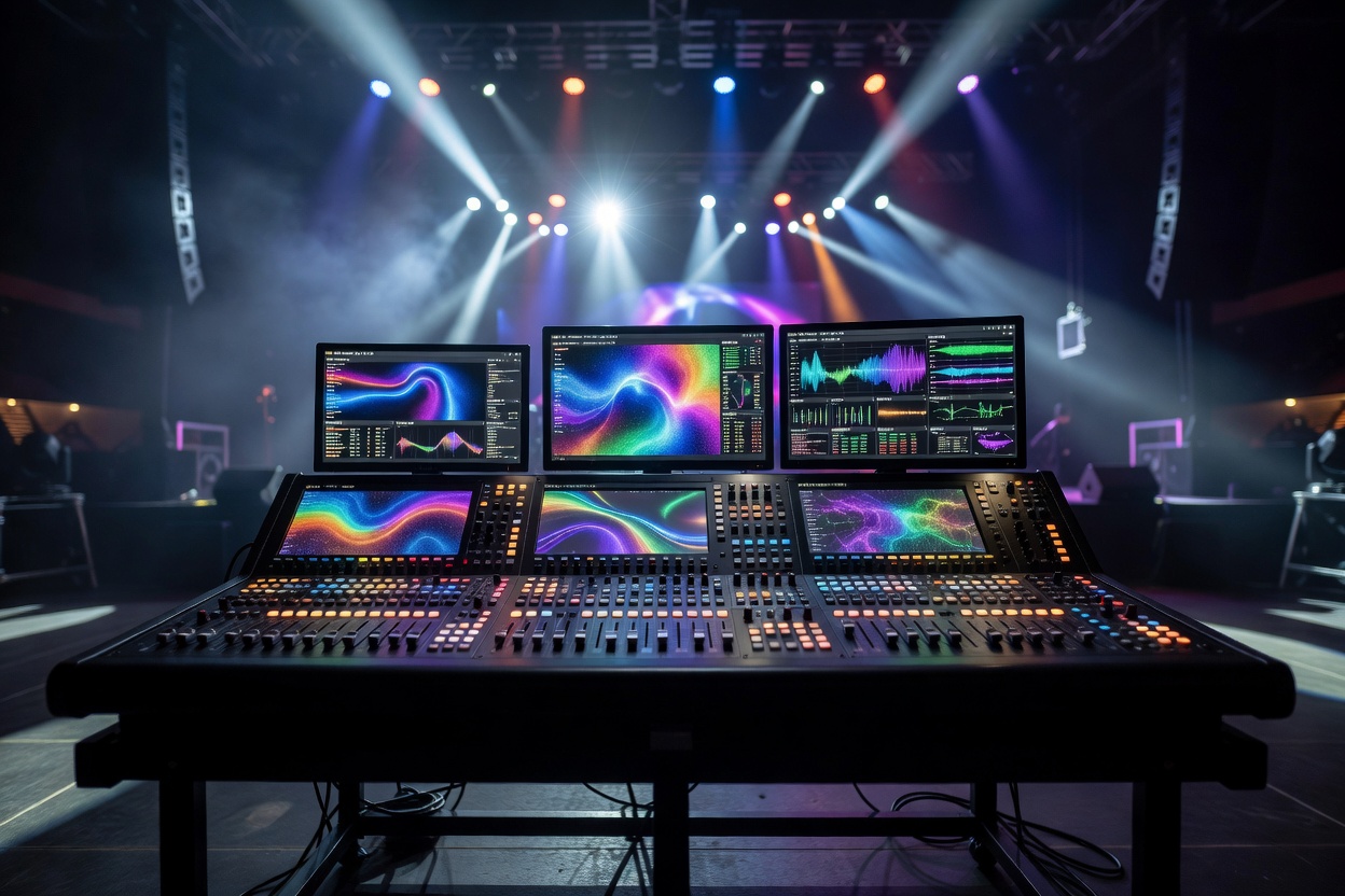 Live concert stage lighting console setup with technical displays