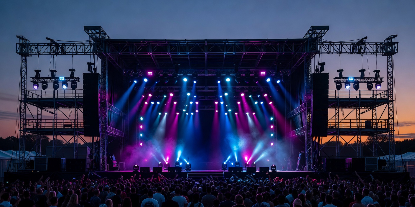 Main stage lighting setup at outdoor festival