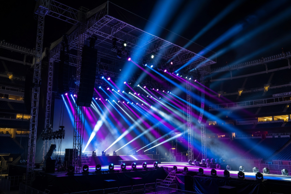 Dynamic laser light show at outdoor music festival stage